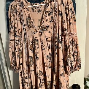 Free People Peach Paisley Crochet-Trim Peasant Tunic